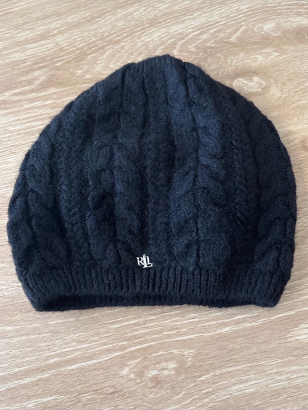 Ralph Lauren Double RL Black Cable Knit Beanie with RL Pin